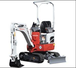 Takeuchi TB210R compact excavator with minimum tail swing, retractable undercarriage, pilot controls, and foldable ROPS frame for tight-space applications