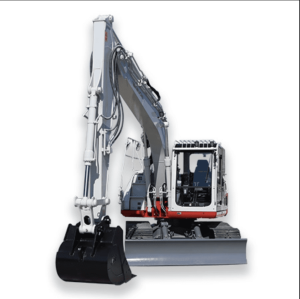 Takeuchi TB2150R excavator with fixed boom, long arm, enclosed cab, LED work lights, and heavy-duty design for high-performance digging and attachment work