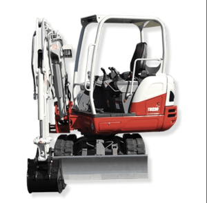 Takeuchi TB230 compact excavator with narrow width, conventional tail swing design, and accessible hydraulic components for tight job sites