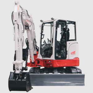 Takeuchi TB350R compact excavator with short tail swing, enclosed cab, long arm, and high-flow hydraulics for powerful performance on demanding job sites