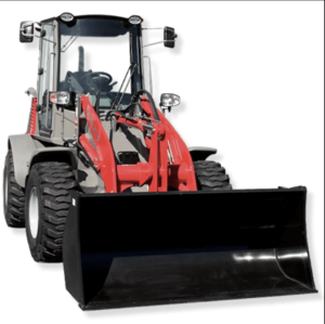 Takeuchi TW80 Series 3 compact wheel loader with 73 HP turbo engine, elevated cab for better visibility, hydraulic coupler, and precise lifting for tight spaces