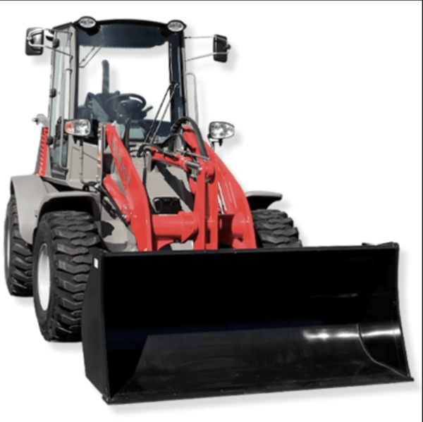 Takeuchi TW80 Series 3 compact wheel loader with 73 HP turbo engine, elevated cab for better visibility, hydraulic coupler, and precise lifting for tight spaces