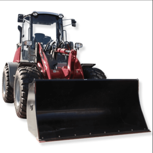 Takeuchi TW95 wheel loader with 114 HP engine, hydrostatic drive, spacious cab with air-ride seat, joystick controls, and quick coupler for versatile loading applications